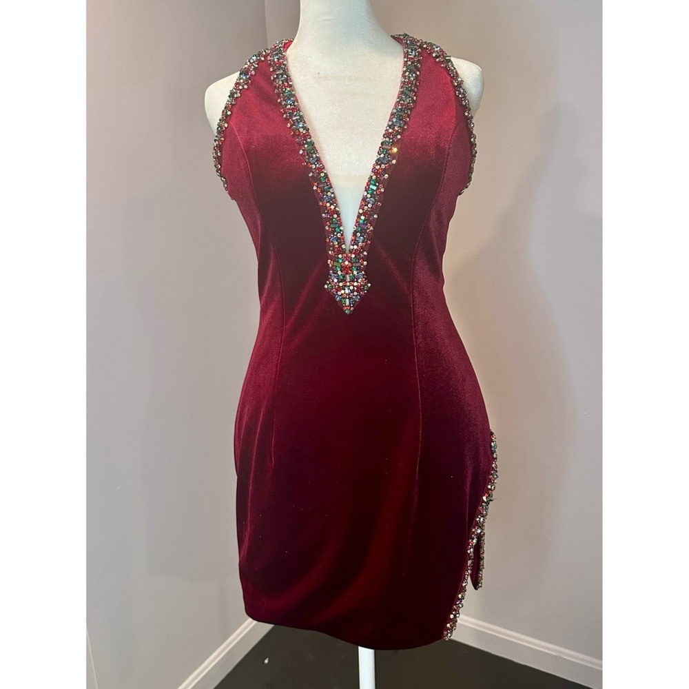 Jovani Burgundy Mini Dress with Embellished V-Neck